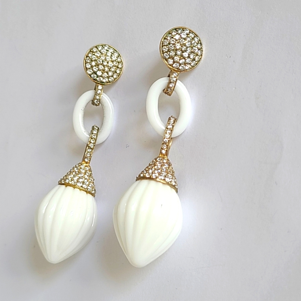 Vintage Bold Boho Chunky Gold White Milk Glass Crystal Drop Dangle Earrings